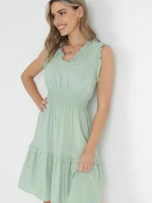 Miętowa Sukienka z Falbankami i Marszczoną Gumką w Pasie z Wiskozy Falirina cflo