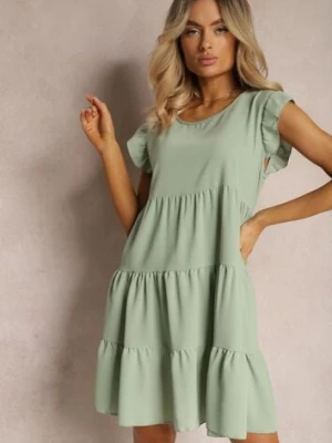 Miętowa Sukienka z Krótkim Rękawem i Ozdobnymi Falbankami o Rozkloszowanym Kroju Vetesa defox