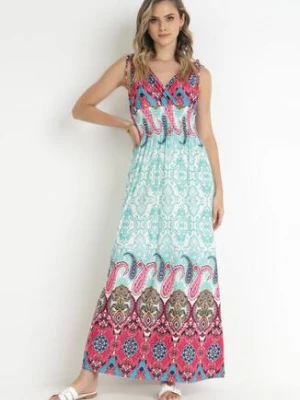 Miętowo-Różowa Sukienka z Szeroką Gumką w Talii w Etno Wzór Caroli cflo