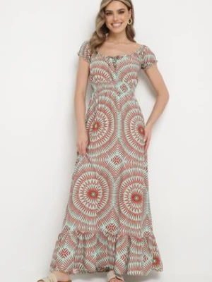 Miętowa Wiskozowa Sukienka o Rozkloszowanym Kroju z Wiązaniem przy Dekolcie i Gumką w Talii Wicia