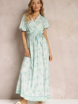 Miętowa Wiskozowa Sukienka z Metalicznym Wzorem i Gumką w Pasie Carinalia cflo