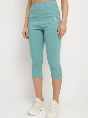 Miętowe Spodnie 3/4 z Elastyczną Gumką w Pasie i Suwakami Leazira new fashion