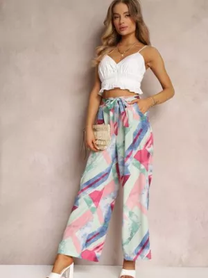 Miętowe Spodnie z Szerokimi Nogawkami i Gumką z Wiązaniem w Pasie Maselia r&f fashion