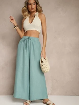 Miętowe Szerokie Spodnie High Waist Ozdobione Wiązaniem Telonia