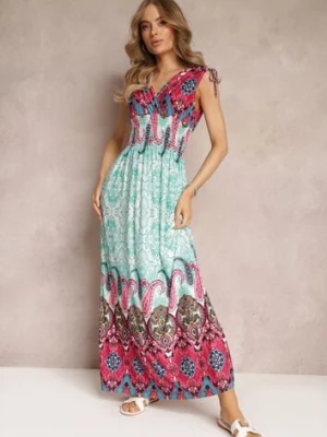 Miętowo-Fuksjowa Sukienka Maxi w Stylu Boho z Gumką w Pasie Bernette cflo