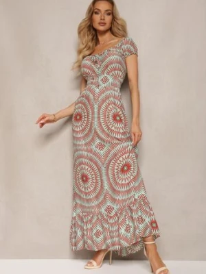 Miętowo-Pomarańczowa Rozkloszowana Sukienka z Wiskozy z Gumką w Pasie i Wiązaniem przy Dekolcie Xicia