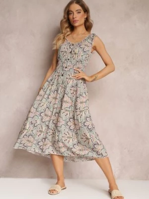 Miętowo-Różowa Kwiecista Sukienka Midi z Cienkimi Gumkami w Talii i Falbankami Jallia rosa