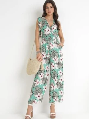 Miętowy Bawełniany Kombinezon z Długimi Nogawkami w Kwiatowy Wzór Daina defox