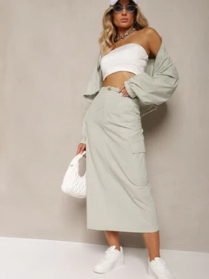 Miętowy Casualowy Komplet 2-Częściowy Rozpinana Bluza i Spódnica z Kieszeniami na Klapy Lennira