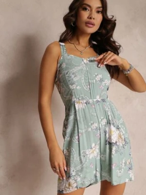 Miętowy Kombinezon w Kwiaty na Ramiączkach z Szerokimi Nogawkami Amarys black&fish