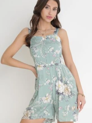 Miętowy Kombinezon z Krótkimi Nogawkami i Marszczoną Gumką w Pasie Emalyna black&fish