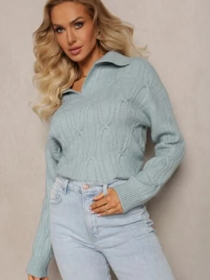 Miętowy Sweter z Dekoltem w Serek i Ozdobnym Splotem Travissa wool fashion