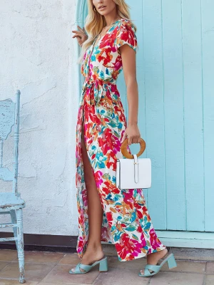 Milan Kiss Sukienka w kolorze kremowo-czerwono-turkusowym rozmiar: L