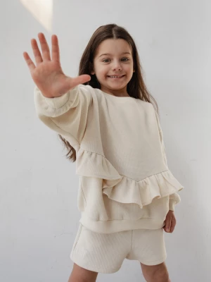 MINI bluza oversize z falbanką z dzianiny waflowej w kolorze BRIGHT BEIGE - ANGEL-104-110 (4-5) Marsala