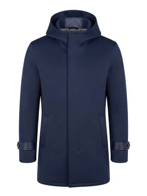 Minimalistyczny płaszcz męski średniej długości z dzianiny scuba - granatowy V5 Ombre Clothing