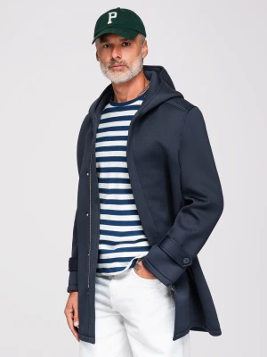 Minimalistyczny płaszcz męski średniej długości z dzianiny scuba - granatowy V5 - Rozmiar: L Ombre Clothing