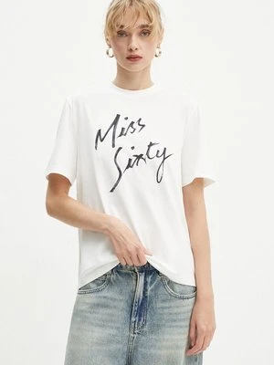 Miss Sixty t-shirt z domieszką jedwabiu kolor beżowy 6L3SJ3780000