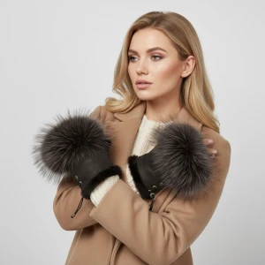 Mitenki LUKA-PELLI Rękawiczki Bez Palców Z Naturalnym Futrem Jenot Czekolada