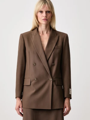 MM6 Maison Margiela marynarka dwurzędowa damska z dodatkiem wełny brązowy