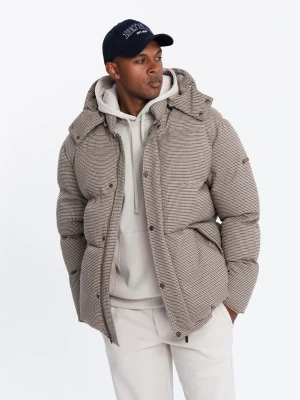 Mocno ocieplana męska kurtka typu puffer w pepitkę – brązowa V1 - Rozmiar: M Ombre Clothing