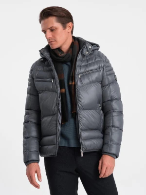 Mocno ocieplona pikowana męska kurtka z odpinanym kapturem – grafitowa V3 - Rozmiar: XL Ombre Clothing