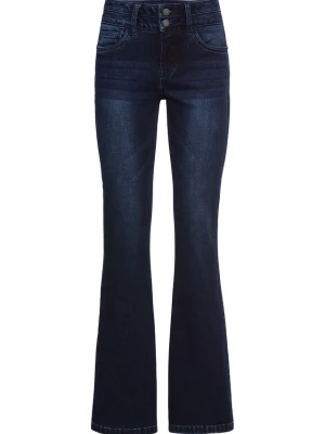 Modelujące jeansy ze stretchem, high waist, krój bootcut BonPrix niebieski