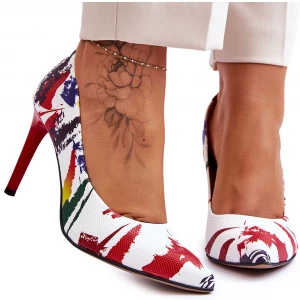 Modne Skórzane Szpilki Lewski Shoes 2659 Biało-Czerwone białe
