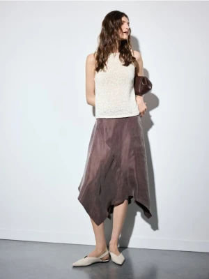 Mohito - Asymetryczna czekoladowa spódnica midi z cupro - ciemnobrązowy
