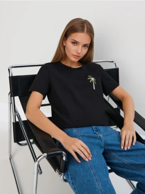 Mohito - Bawełniany czarny t-shirt z aplikacją - czarny