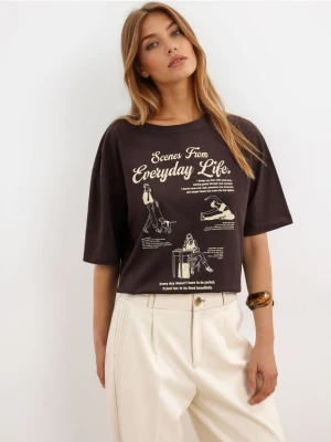 Mohito - Bawełniany t-shirt z nadrukiem - ciemnobrązowy