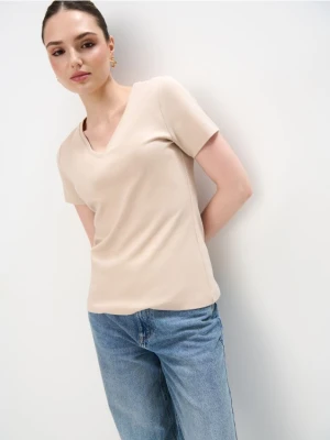 Mohito - Beżowy t-shirt z merceryzowanej bawełny - beżowy