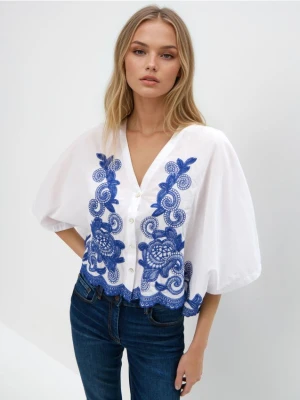 Mohito - Bluzka z kontrastowym haftem - granatowy