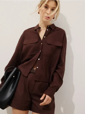 Mohito - Brązowa koszula z lnu i wiskozy - ciemnobrązowy