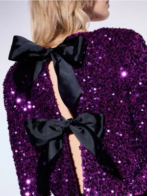 Mohito - Cekinowa fioletowa bluzka z kokardkami - fuksjowy