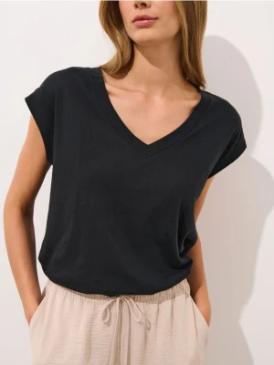 Mohito - Czarny t-shirt z lnu i bawełny - czarny