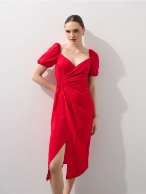 Mohito - Czerwona sukienka midi z bufiastymi rękawami - czerwony