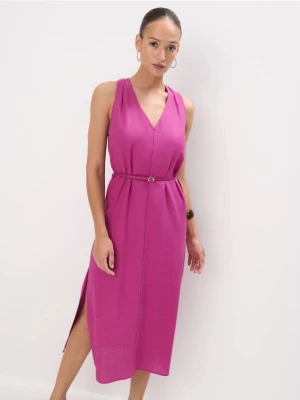 Mohito - Fuksjowa sukienka midi z wiskozy i lnu - mocny różowy