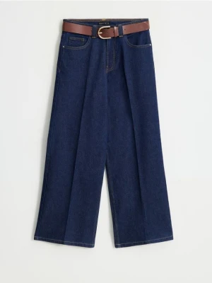 Mohito - Jeansy wide leg z paskiem petite - granatowy