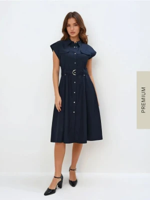 Mohito - Koszulowa granatowa sukienka midi z lyocellu - granatowy