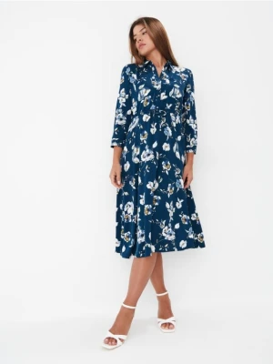Mohito - Koszulowa sukienka midi z motywem kwiatowym - granatowy