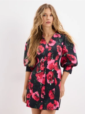 Mohito - Kwatowa sukienka mini z bufiastymi rękawami - czarny