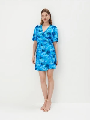 Mohito - Niebieska sukienka mini z bufiastymi rękawami - niebieski