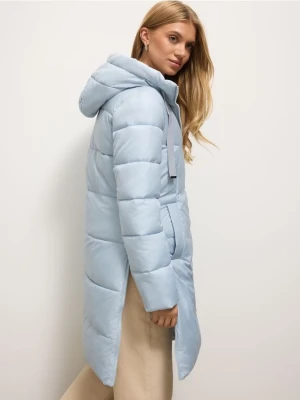 Mohito - Pikowany błękitny płaszcz z kapturem - błękitny