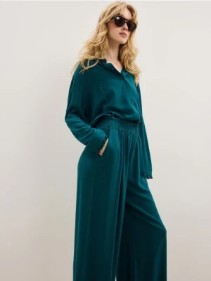 Mohito - Spodnie wide leg z wiskozy i lnu - zielony