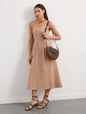 Mohito - Sukienka midi z wiskozy i lnu - brązowy