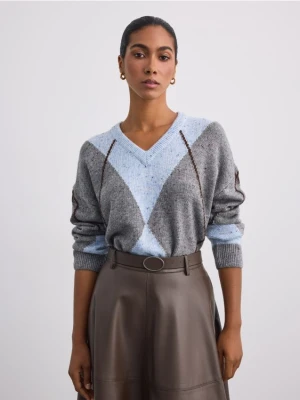 Mohito - Wzorzysty sweter z dekoltem V - błękitny