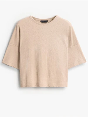 Mohito - T-shirt z bawełny i lnu - beżowy