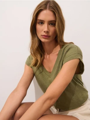 Mohito - T-shirt z lnu i bawełny - oliwkowy