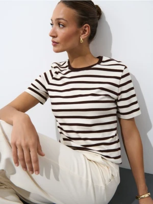 Mohito - Bawełniany t-shirt w paski - kremowy