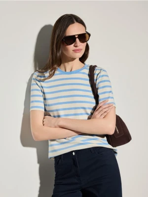 Mohito - T-shirt z merceryzowanej bawełny w niebieskie paski - błękitny